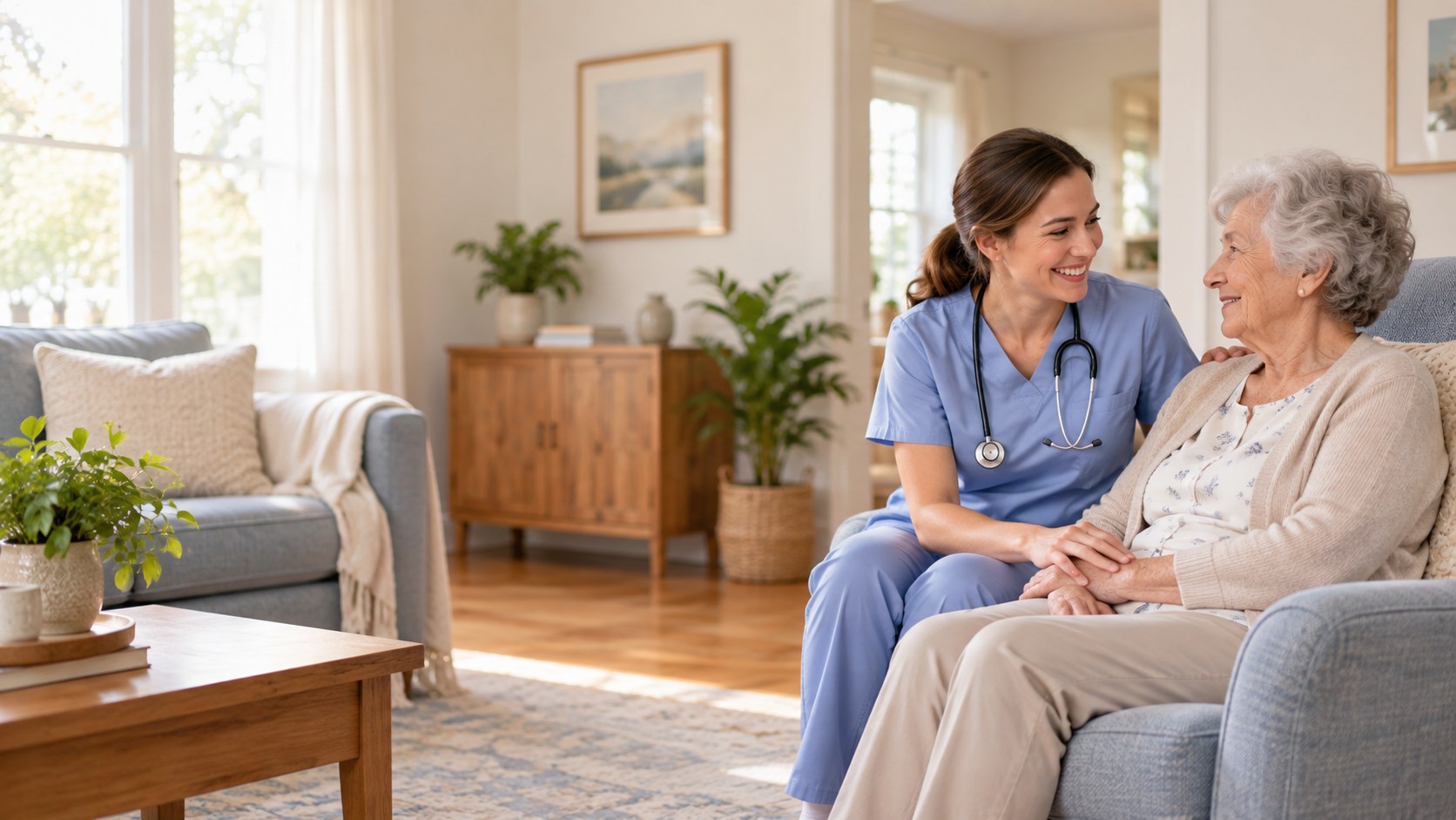 Home health care in Los Angeles — a clinician and patient discussing care at home.